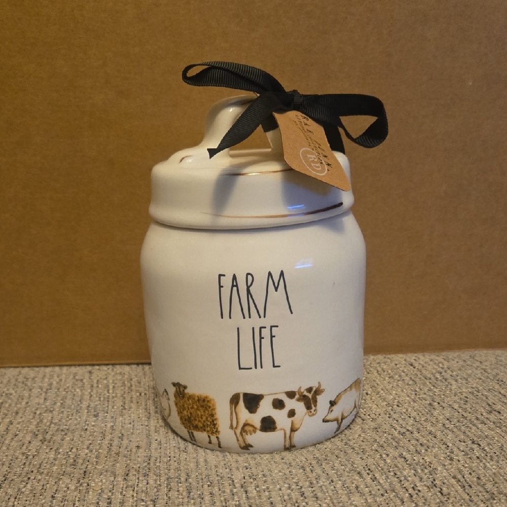 Rae Dunn White Farm Life Jar with Black Ribbon